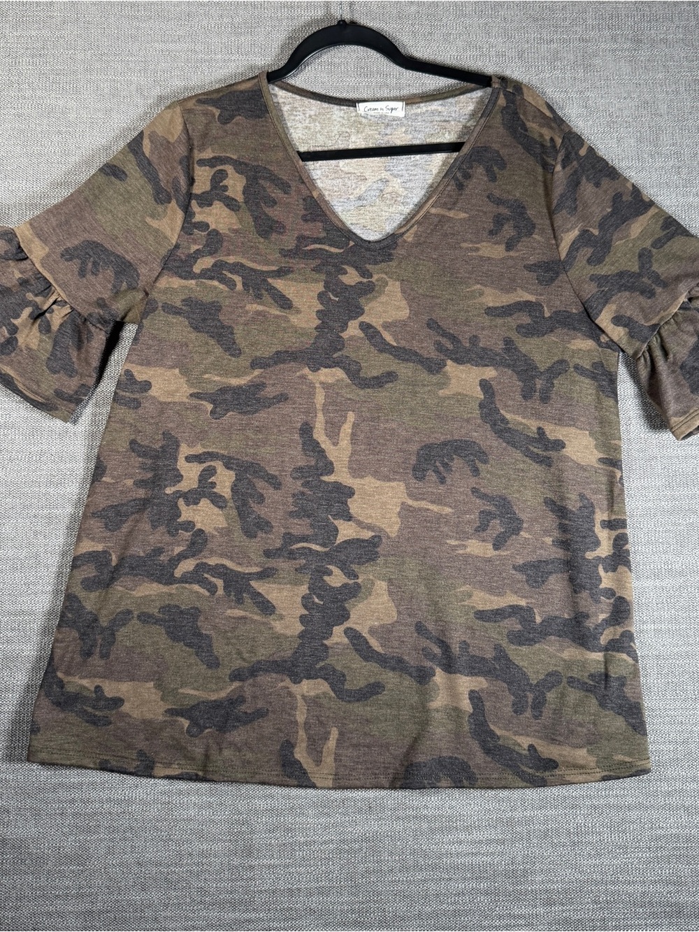 Cream n Sugar Camo V-Neck Ruffle Sleeve Top